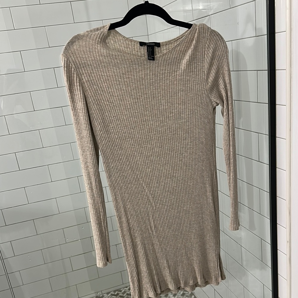 Ribbed Long-Sleeve Bodycon Dress - Beige